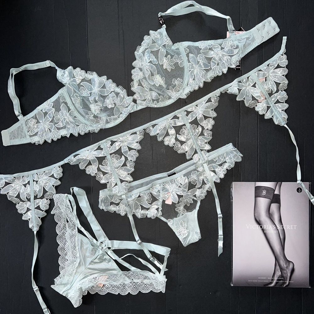 Victoria's Secret unlined 34D BRA SET+garter aqua BLUE mesh lace floral applique